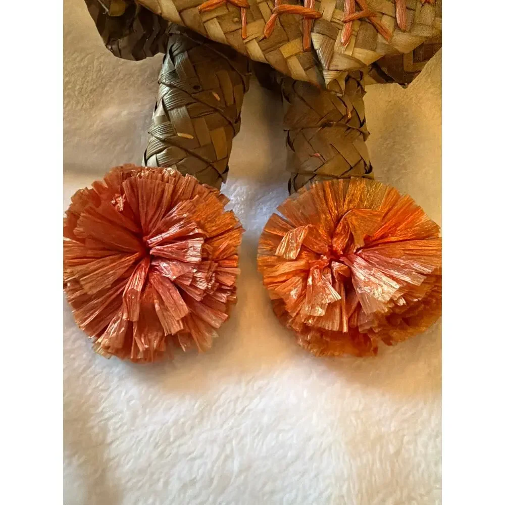 Vintage Handwove Straw Girl Doll Folk Art Raffia Woven Figure Floral Skirt Decor